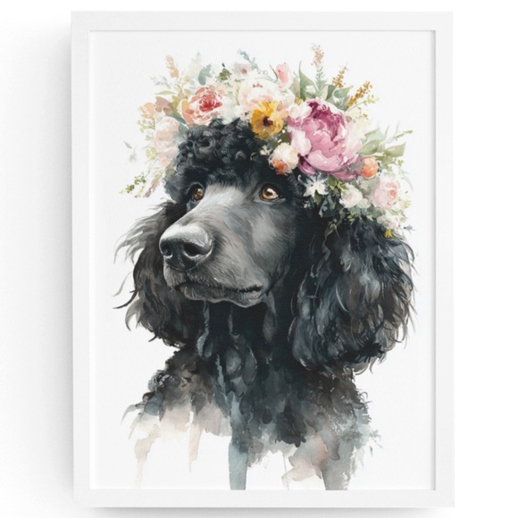 Watercolor Black Poodle with Flowers Crown Portrait Wall Art Print - Unframed - Picture 1 of 6